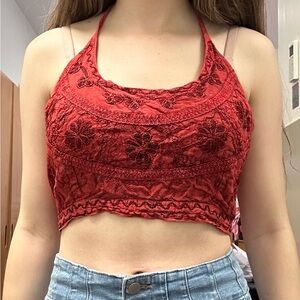 Elegant Red Embroidered Crop Top